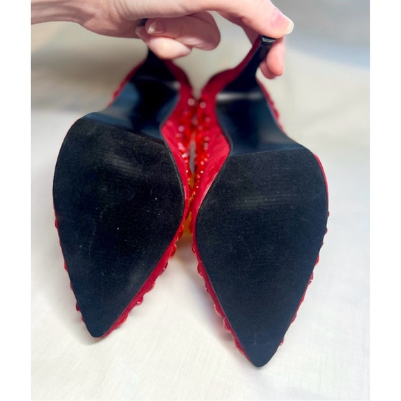 Liliana Ruby Red Jeweled Heels | Faux Suede Pointed Stiletto Dorothy Christmas - Picture 7 of 7